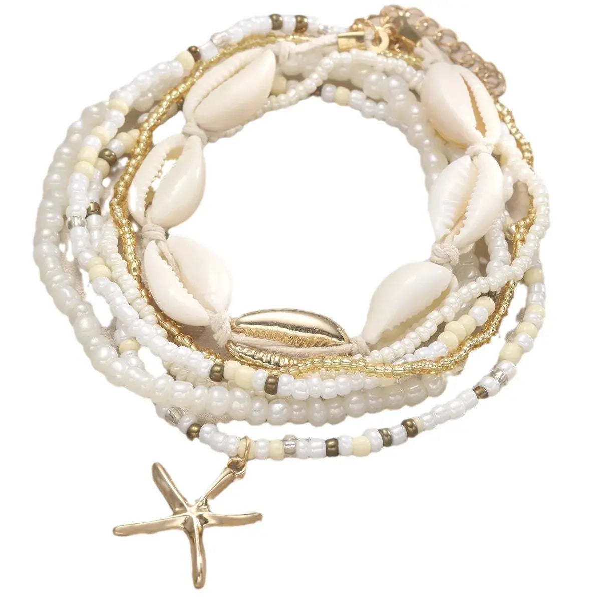 Bohemian Rice Beads Starfish Pendant Anklet Set Multilayer Beach Jewelry For Women 7 Piece Foot Anklets Summer Sea Shell