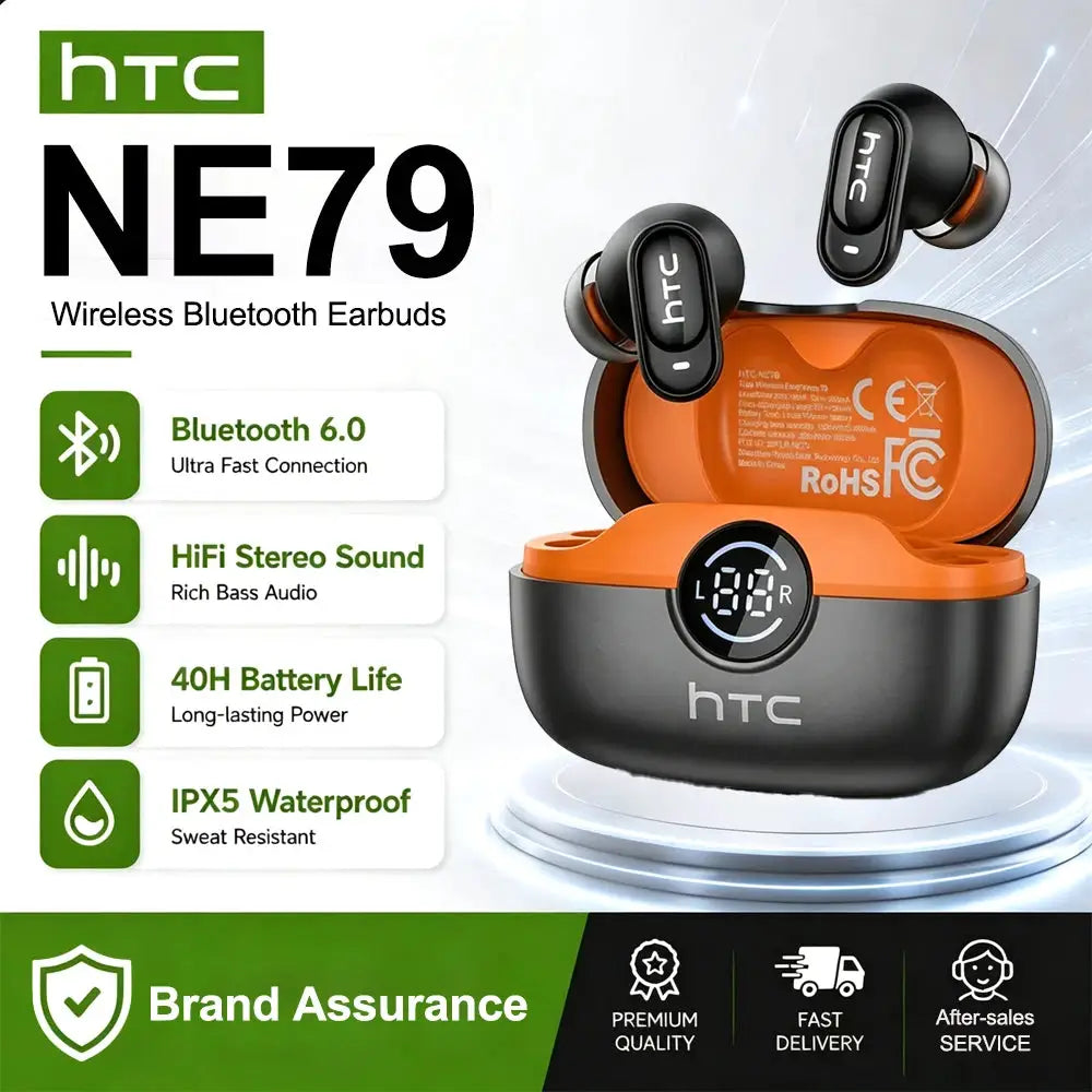 HTC NE79 wireless Bluetooth earbuds with LED display in orange case and black buds