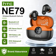 HTC NE79 wireless Bluetooth earbuds with LED display in orange case and black buds