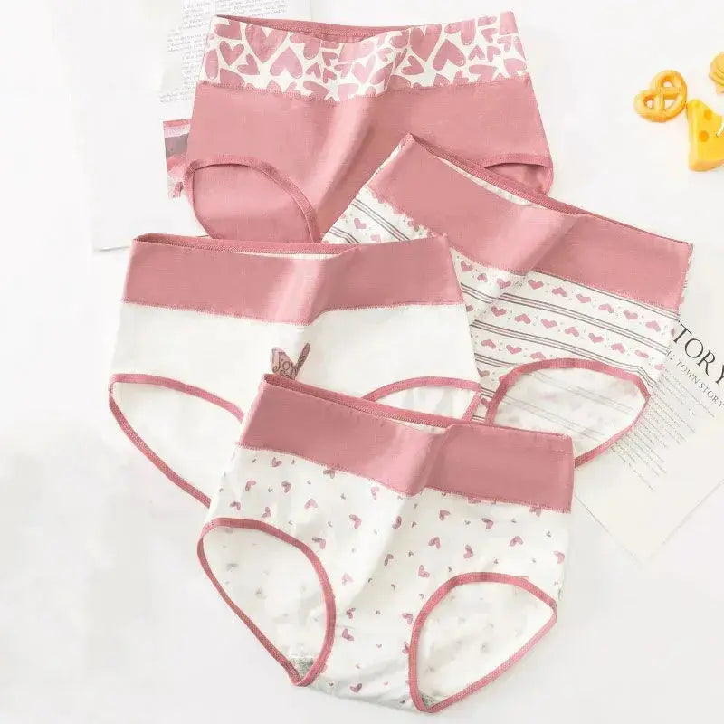 4-pack breathable cotton women’s panties set in pink and white with heart prints, high-rise briefs