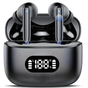 Two wireless earbuds by Simples Market in a gray charging case with a front LED battery display