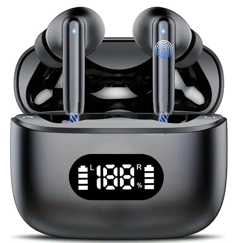 Two wireless earbuds by Simples Market in a gray charging case with a front LED battery display