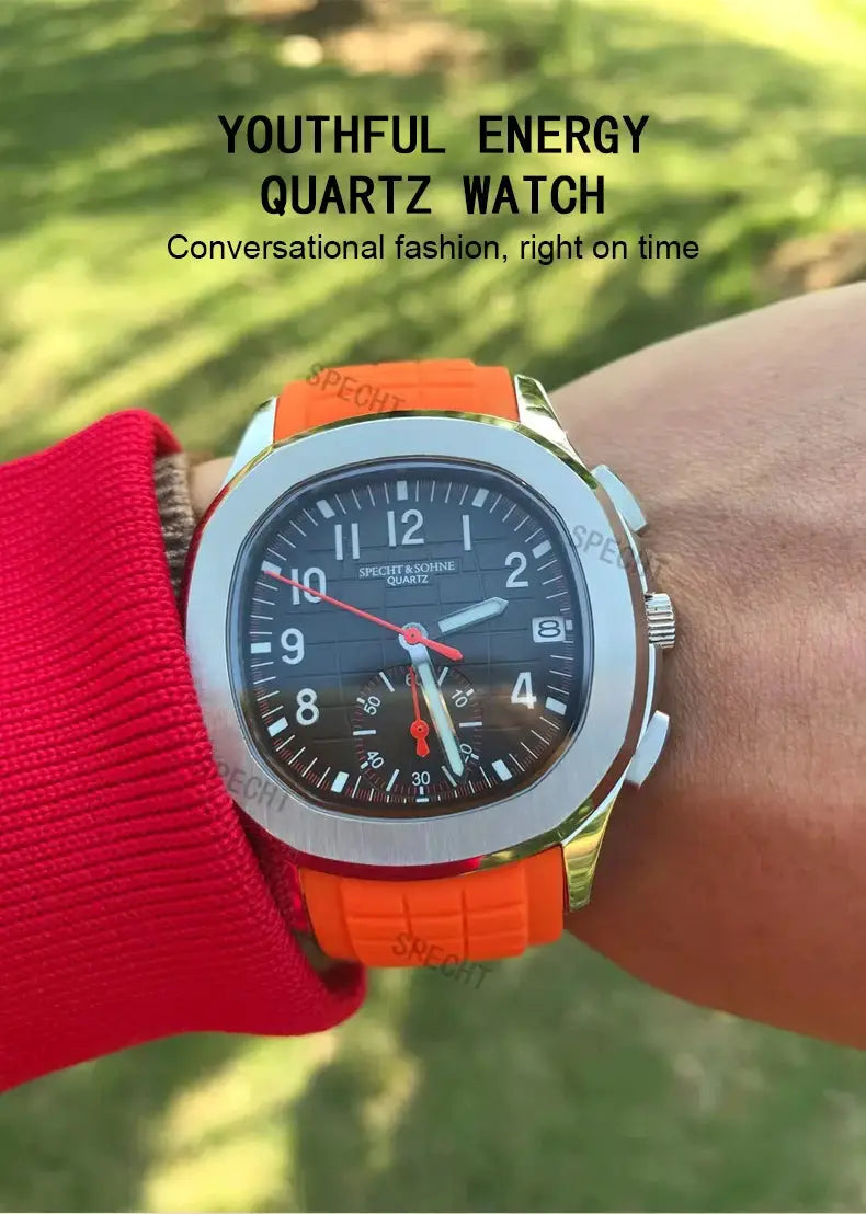 Specht & Söhne New Classic 5167 men's quartz watch with orange rubber strap, black dial, stainless steel case