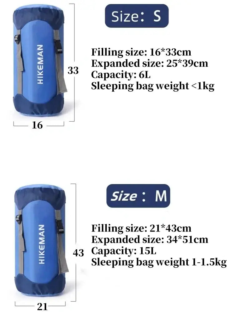 Set of 2 blue HIKEMAN sleeping bag compression storage sacks, S and M sizes, waterproof ultra-light for outdoor camping