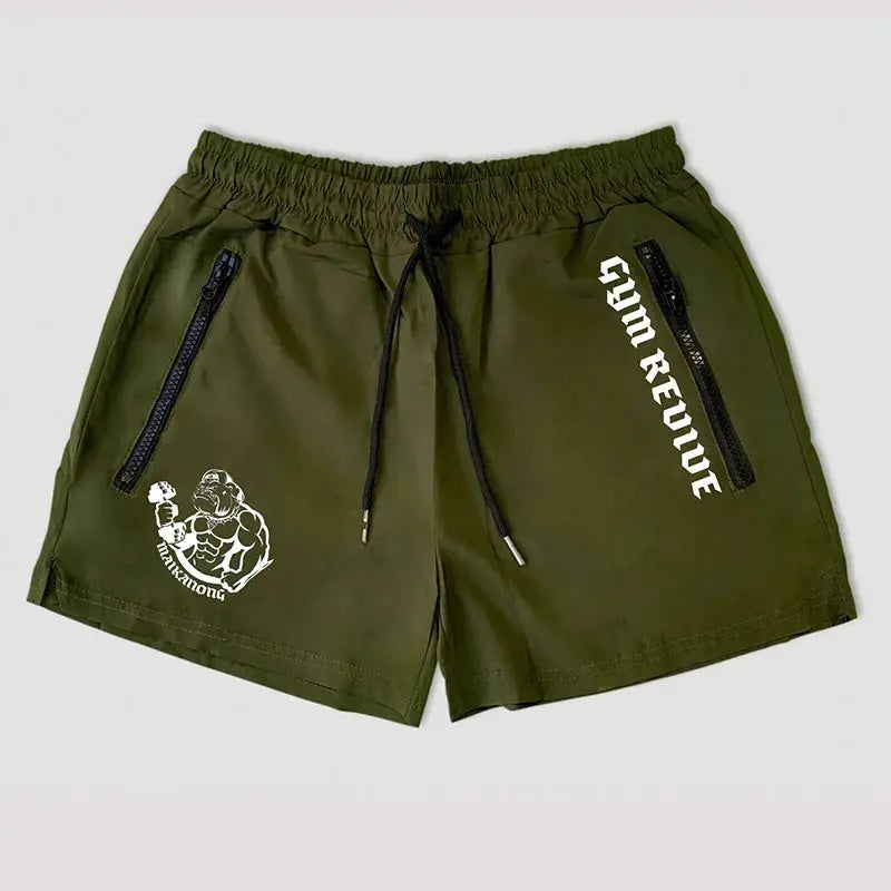 Men's printed shorts olive green quick-dry with side double-zip pockets and drawstring waist