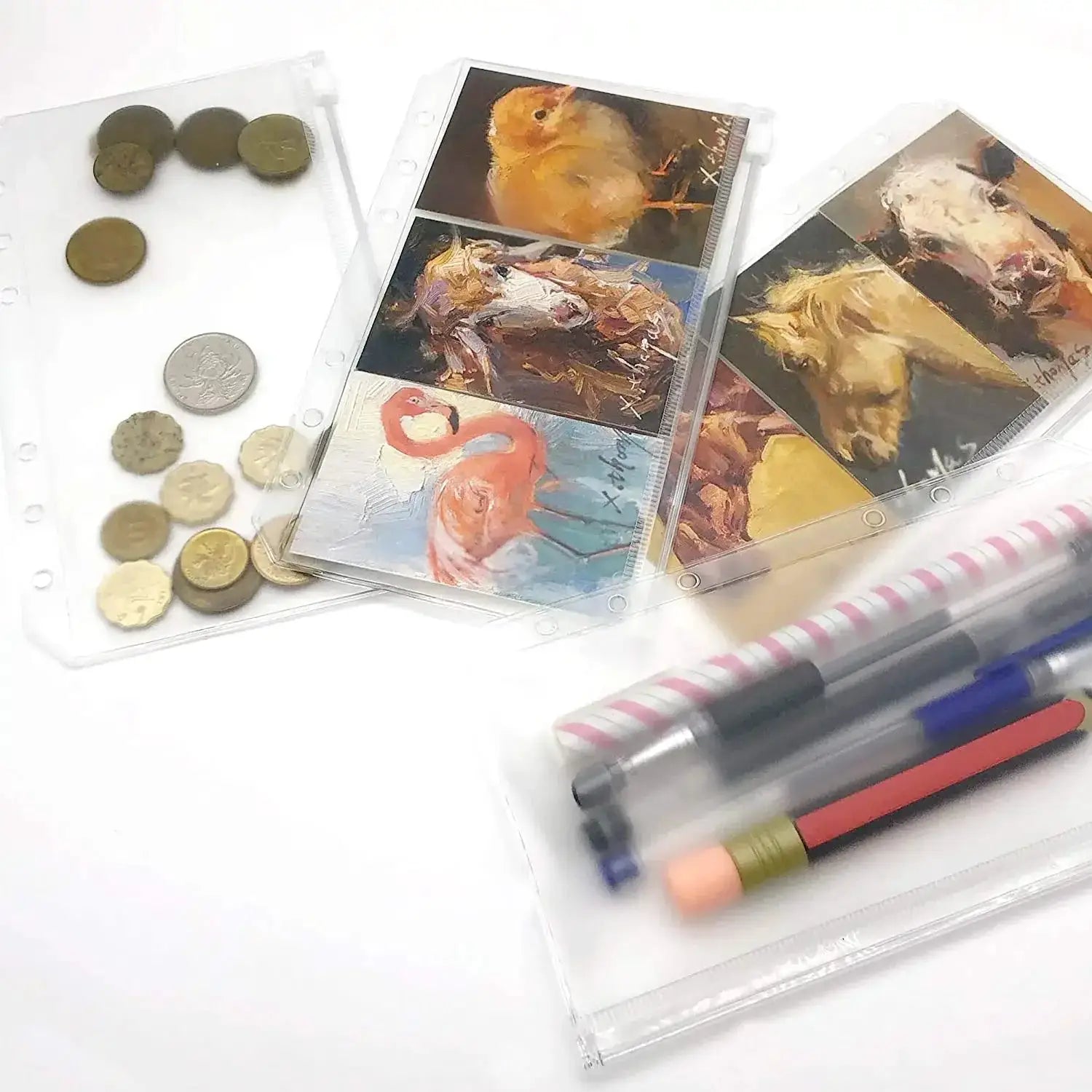A6 6-hole binder pockets set in clear PVC with zipper budget envelopes; 3-pack shown with coins and pens