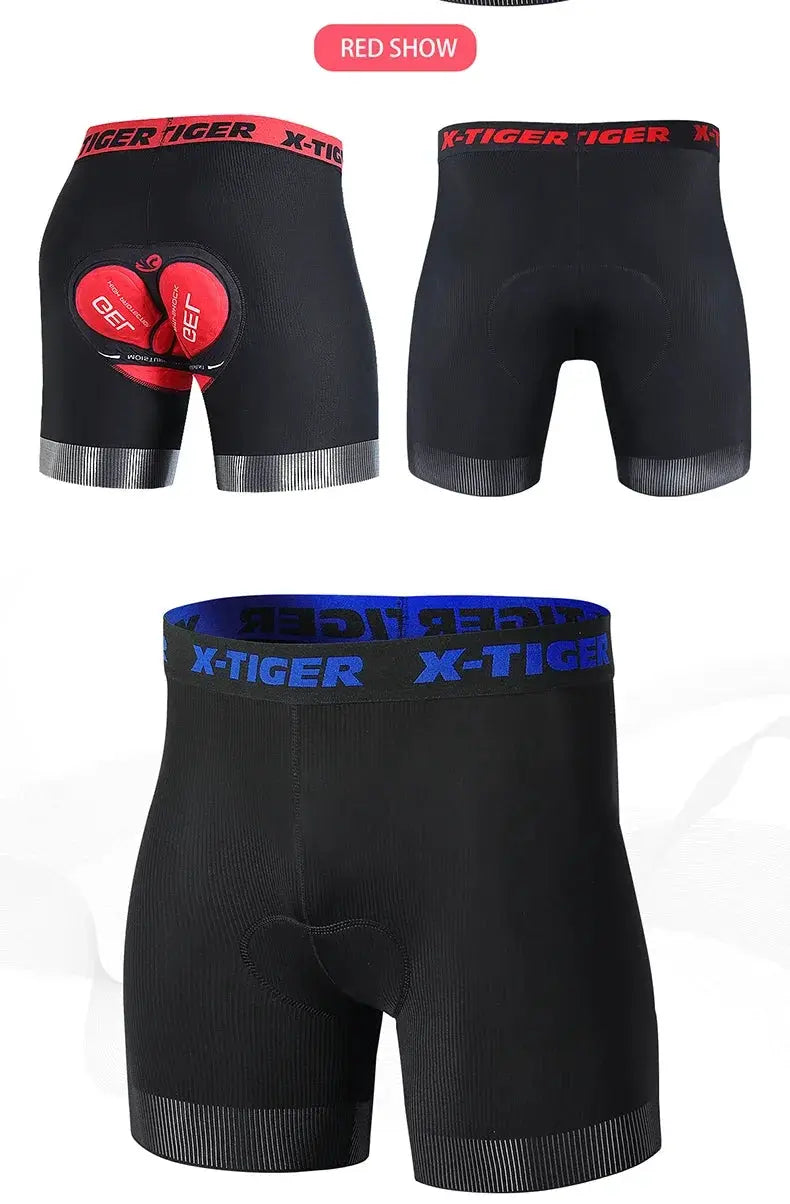 X-TIGER men's cycling shorts with 5D padded liner, black fabric, branded waistband and ribbed leg cuffs