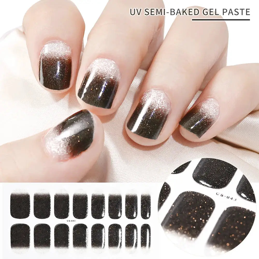 Semi-cured gel nail wraps Simples Market in black glitter gradient, full-coverage nail decals.