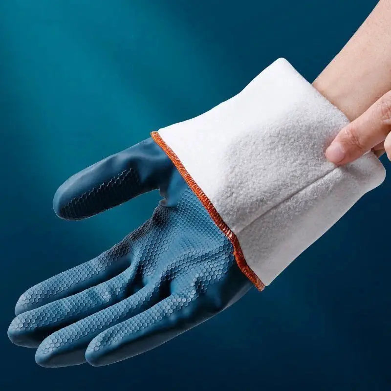 Waterproof cleaning gloves from Simples Market, blue with white fleece cuff and textured palms.
