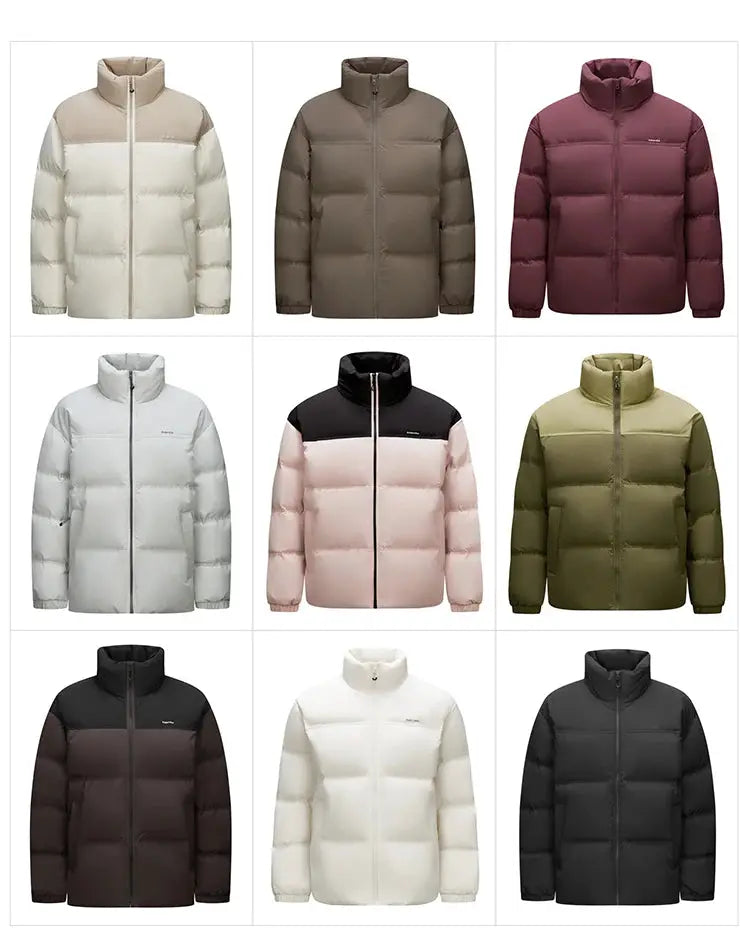 Semir Down Jacket by Simples Market, 9 color options displayed, windproof and waterproof puffer for men and women