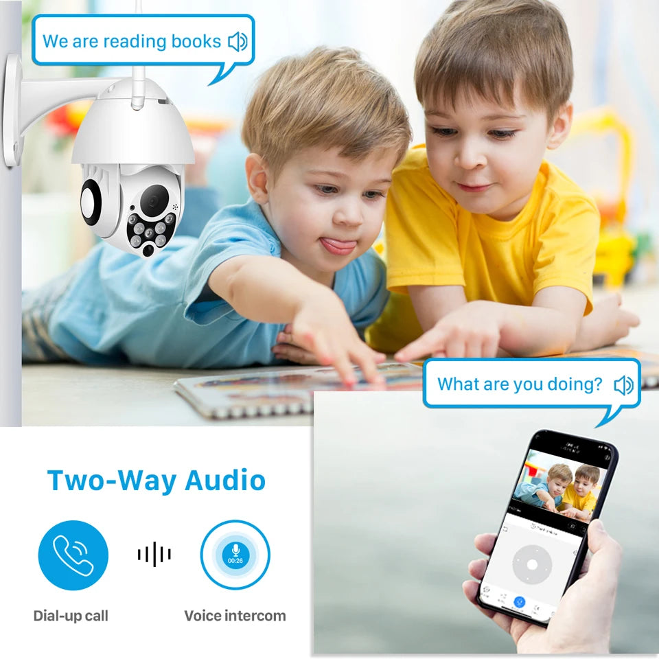 YCC365 Plus PTZ Wifi Outdoor Security Camera by Simples Market; waterproof speed-dome, shown with two kids and a smartphone