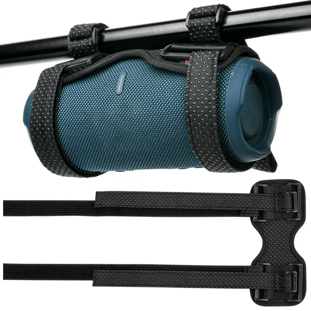 Speaker holder mount for JBL Flip 6/5 and Charge 5; blue Bluetooth speaker secured with adjustable black straps.