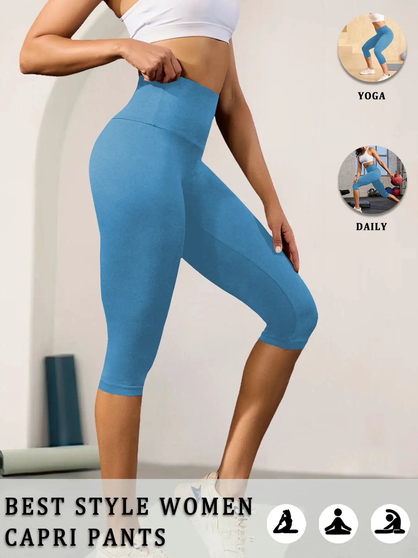 Women High Waisted Capri Pants by Simples Market; blue tummy-control yoga leggings