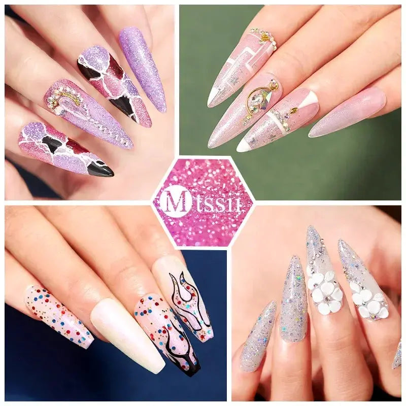 MTSSII 12pc gel nail polish set; nude, pink and red glitter shades with rhinestones and floral nail-art designs