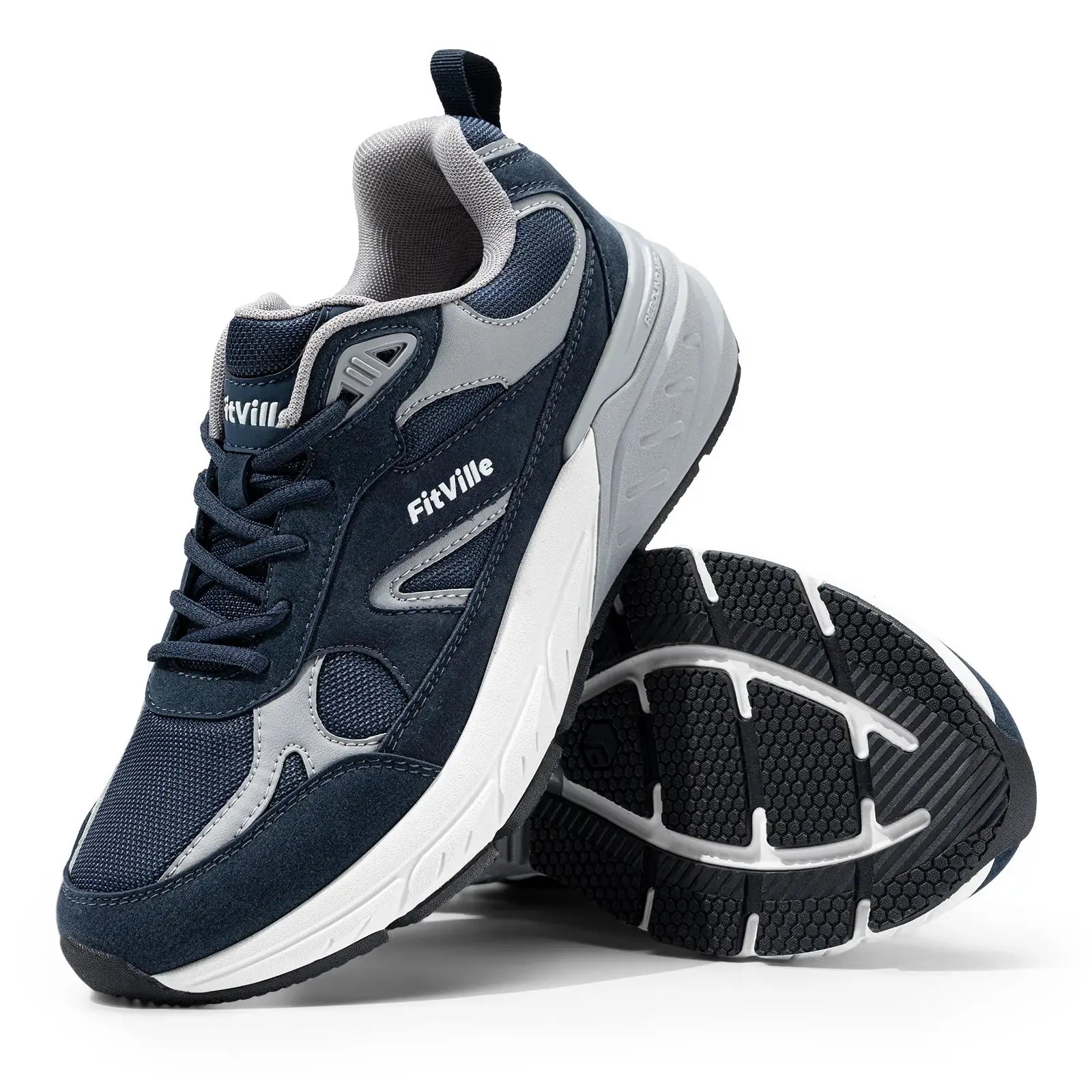 FitVille men's navy blue walking shoe with gray accents and rugged sole