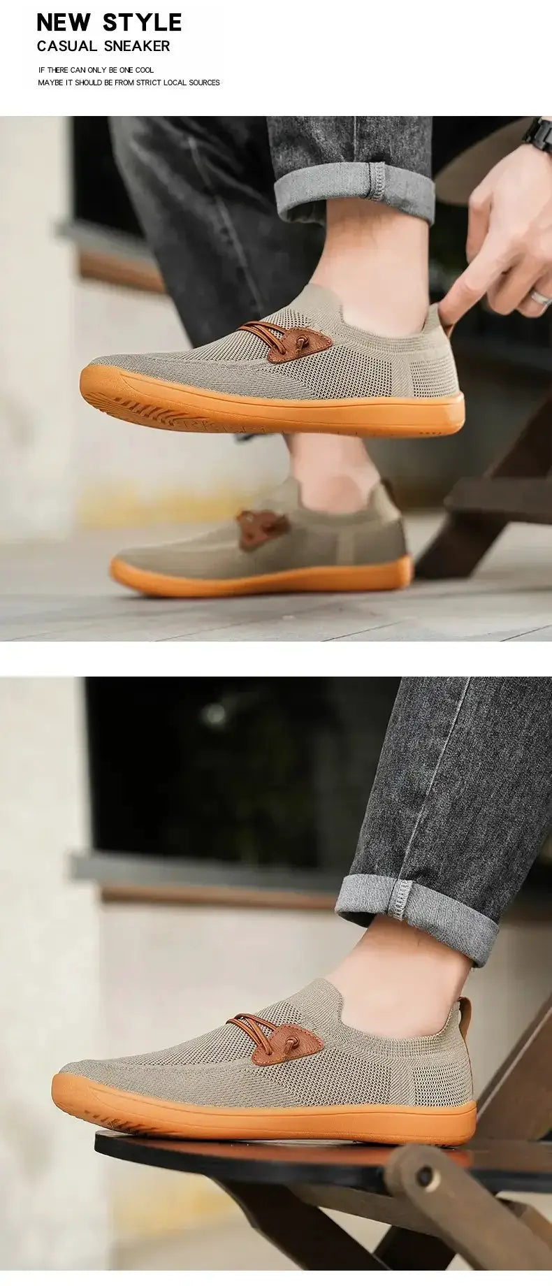 Pair of barefoot sneakers in beige knit with orange soles; breathable minimalist casual sport shoes.