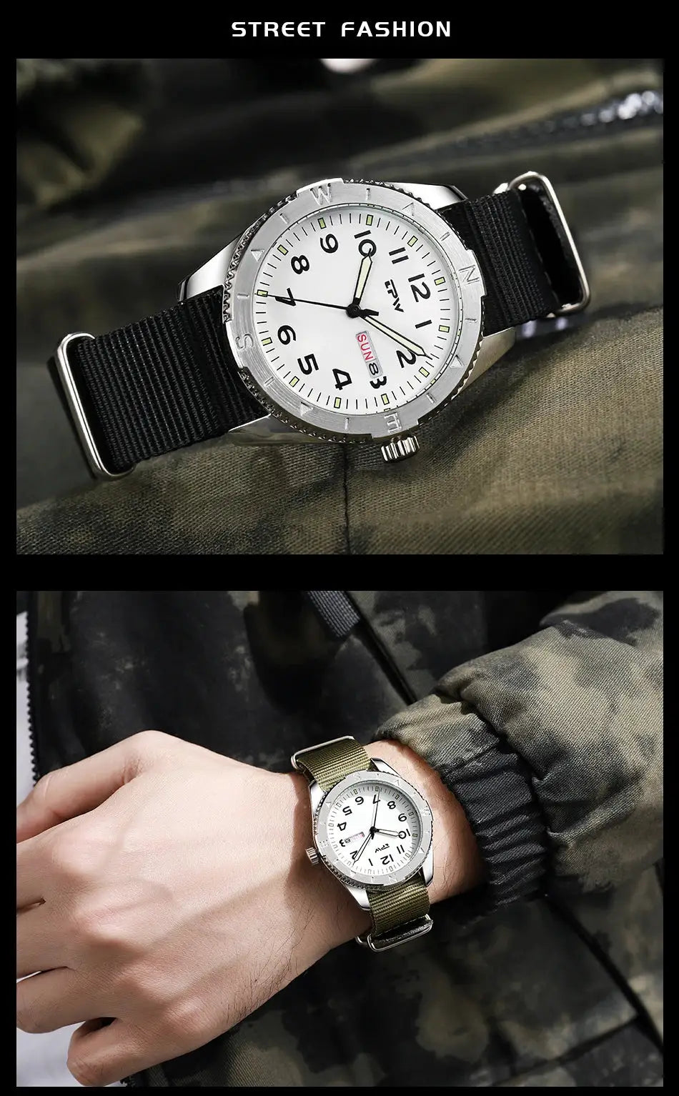 Simples Market 2026 TPW 40mm field watch with white dial, luminous rotating bezel, date and day function, fabric strap