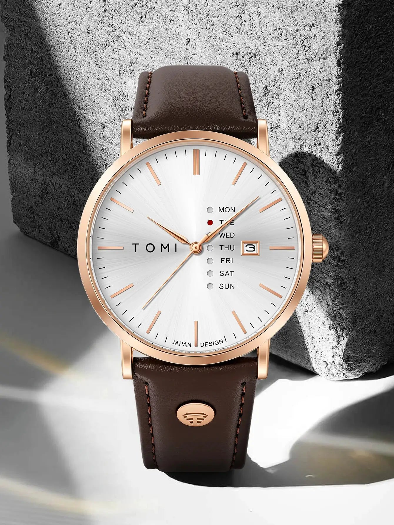 TOMI men's watch with rose-gold case, white sunburst dial, brown leather strap and weekday calendar