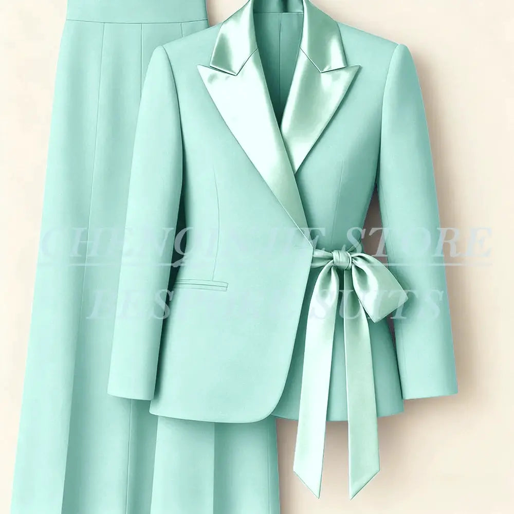 Simples Market mint green women's blazer suit set with satin peak lapels and waist belt, 2-piece