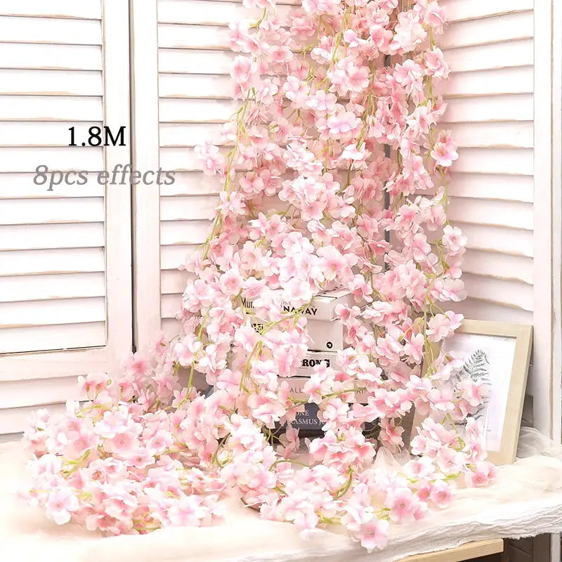 Artificial Sakura Flowers Vine Hanging Floral Garland Home Garden Wedding Arch Party Cherry Blossom Wall Decor