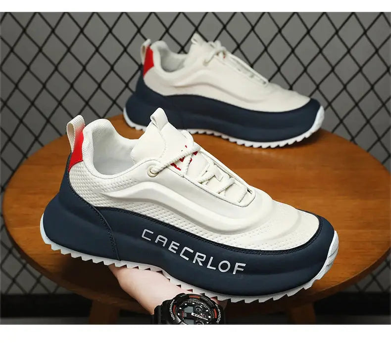 CAERCLOF men's lightweight sneakers with white upper and navy sole; breathable, non-slip, set of 2 pairs