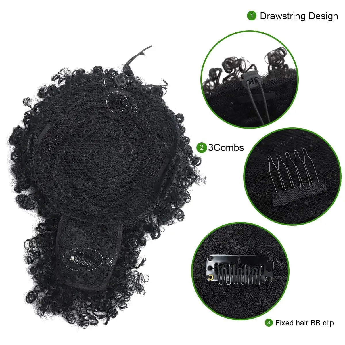 Simples Market Afro Puff Kinky Curly Drawstring Ponytail Extension in black with bangs, includes 3 combs and a BB clip