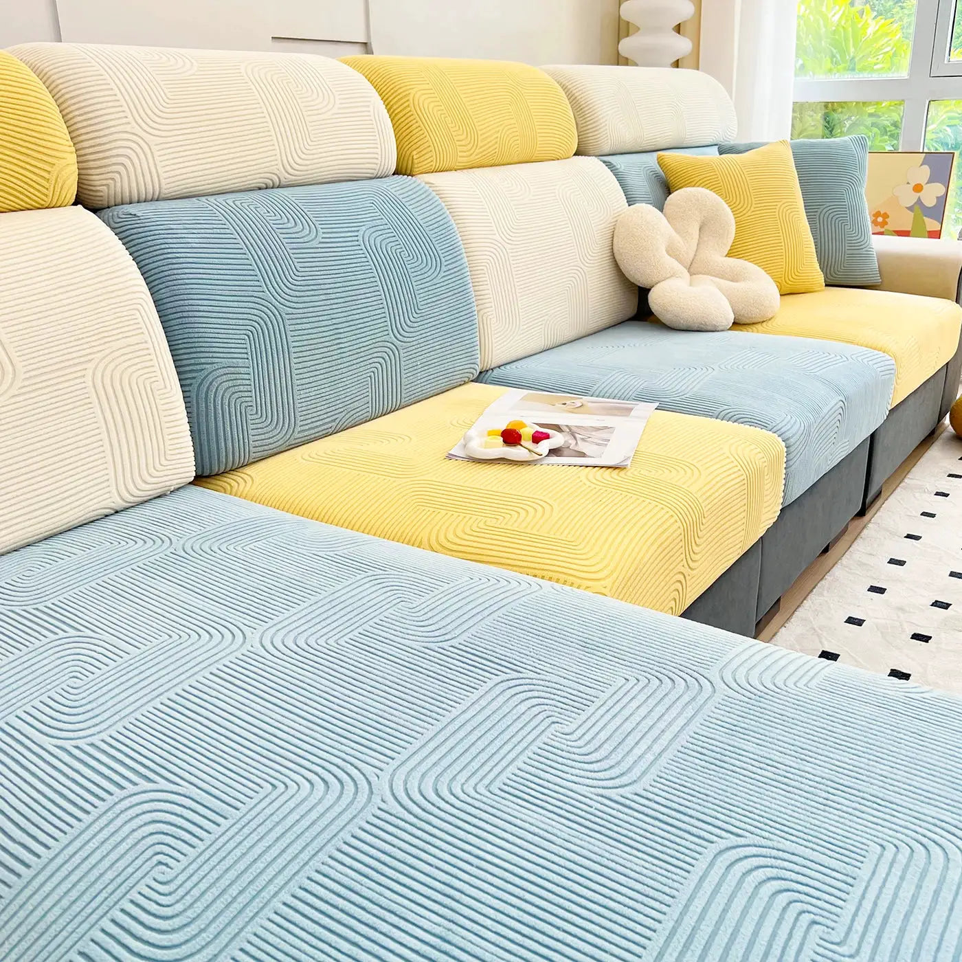 Sofa seat cushion cover set by Simples Market in blue, yellow, cream jacquard, stretchy, removable and washable