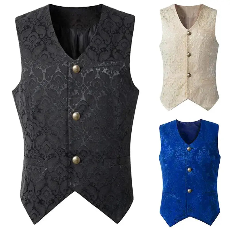 Three men's jacquard brocade vests in black, cream, and blue; single-breasted waistcoats by Simples Market