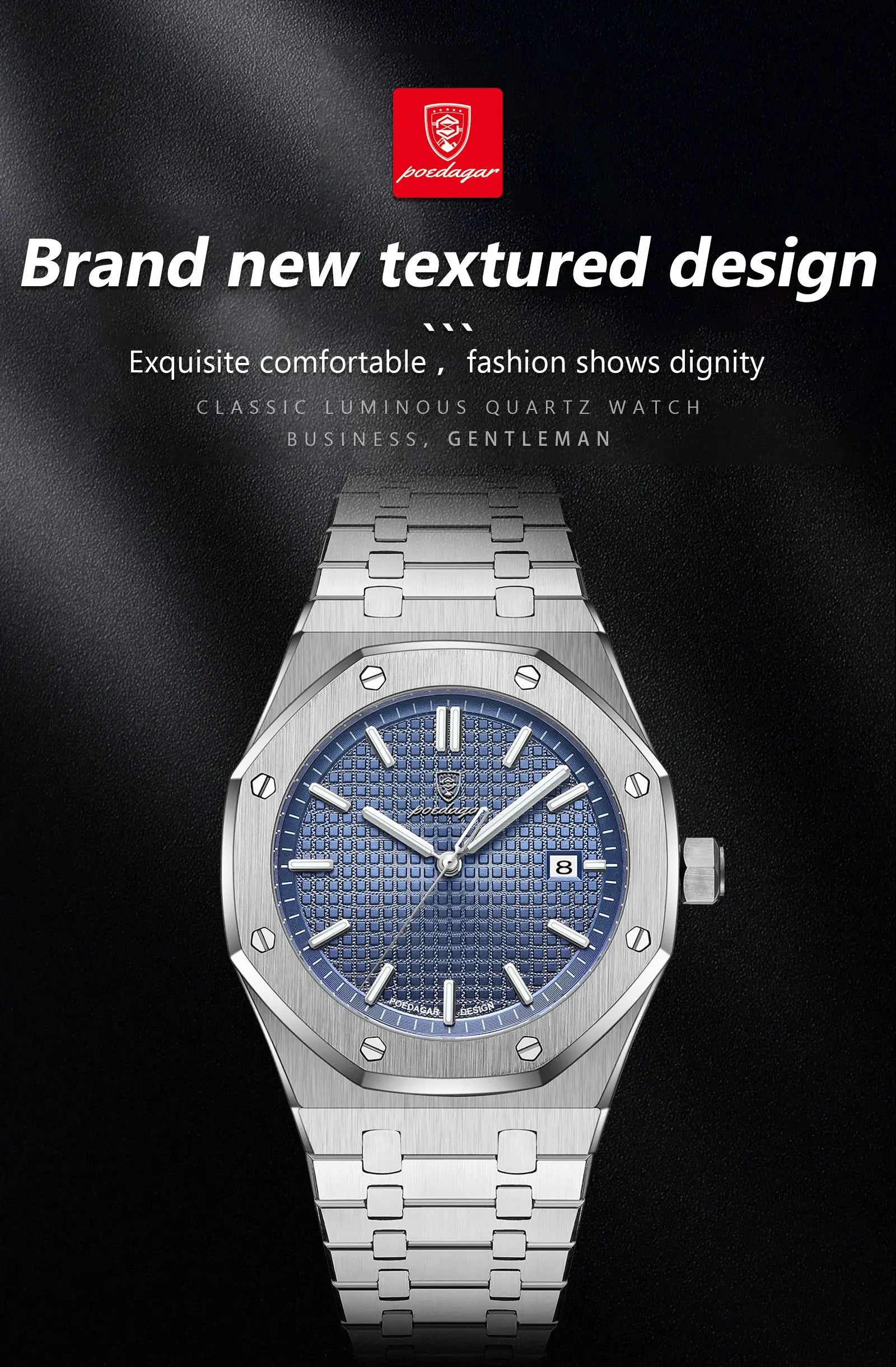 POEDAGAR stainless steel bracelet men's luxury watch with blue textured dial, date display and luminous hands.