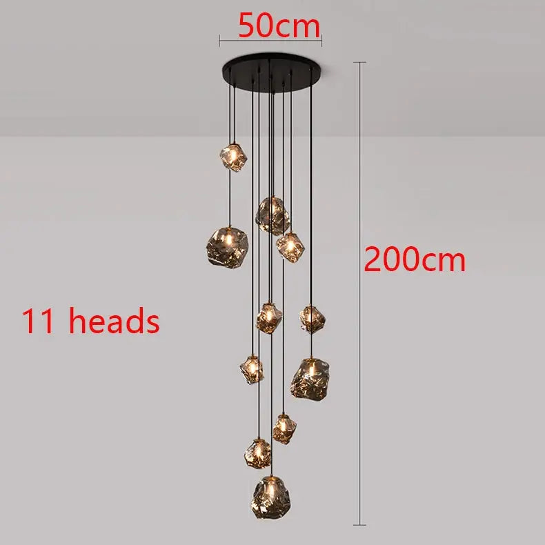 11-head modern LED pendant light with amber glass rock shades, 50 cm ceiling mount, 200 cm drop