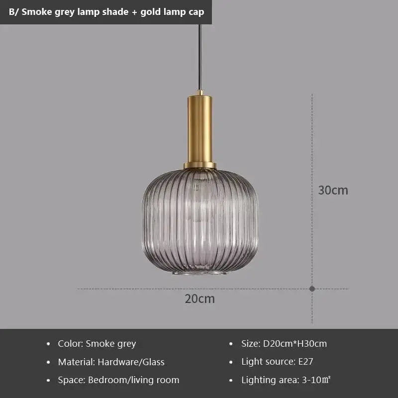 Nordic glass pendant light with smoke grey ribbed shade and gold cap; Simples Market, single-head dining/bedroom lamp