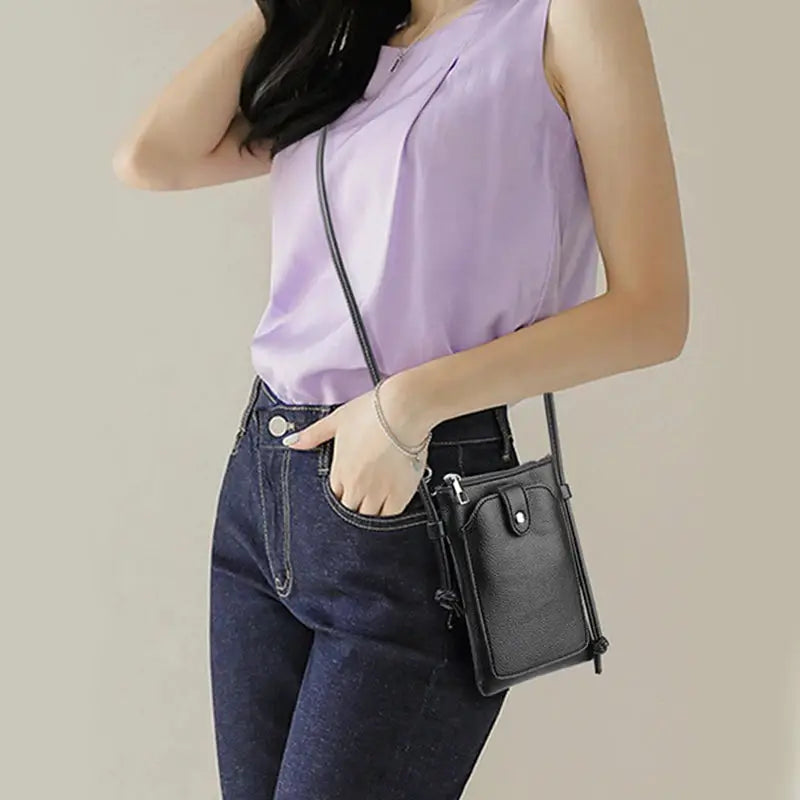 Simples Market PU leather diagonal crossbody bag with double-layer buckle, black mini phone-wallet shoulder bag