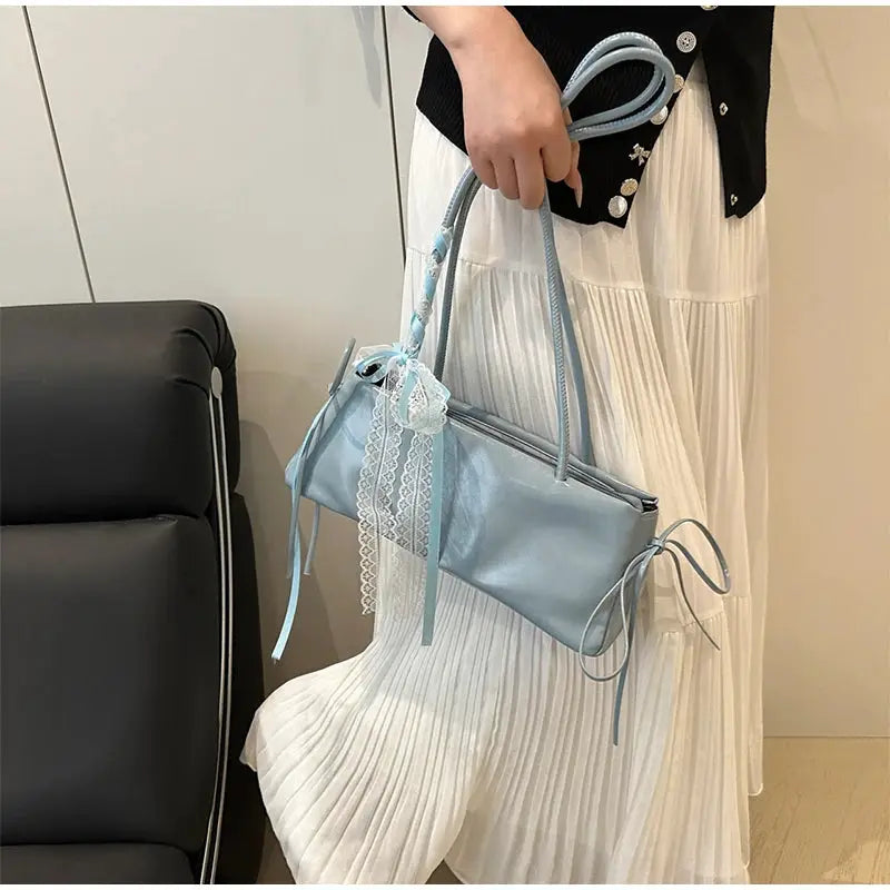 Light-blue square PU shoulder bag by Simples Market with lace bow decor