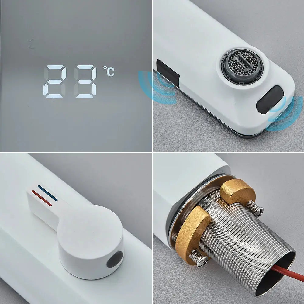 White Simples Market smart sensor basin faucet with digital display 28°C and touchless operation