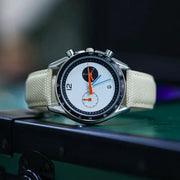 CILOA2025 men's quartz watch with white dial, black tachymeter bezel, orange hands, beige fabric strap, Simples Market