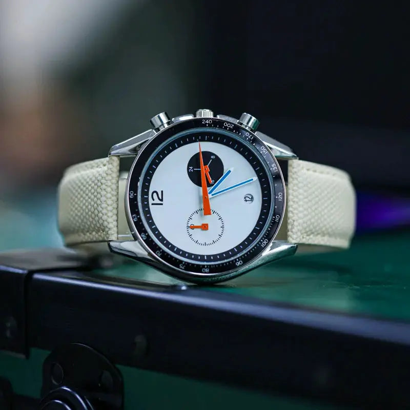 CILOA2025 men's quartz watch with white dial, black tachymeter bezel, orange hands, beige fabric strap, Simples Market