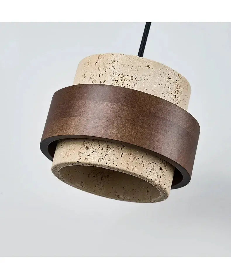 Led pendant lamp with stone-textured beige shade and walnut wood band, retro hanging fixture