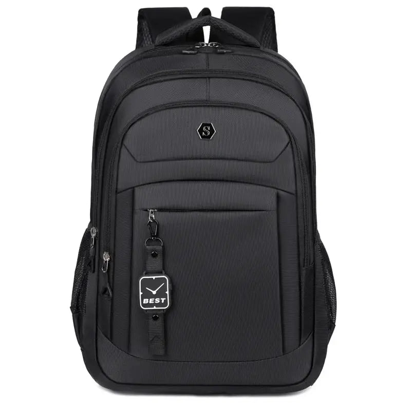Travel backpack by Simples Market, black with large-capacity design and S logo; laptop-ready for campus and commuting.