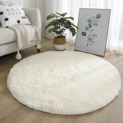 Round rug mat, white plush with thick fluffy pile for living room and bedroom decor.