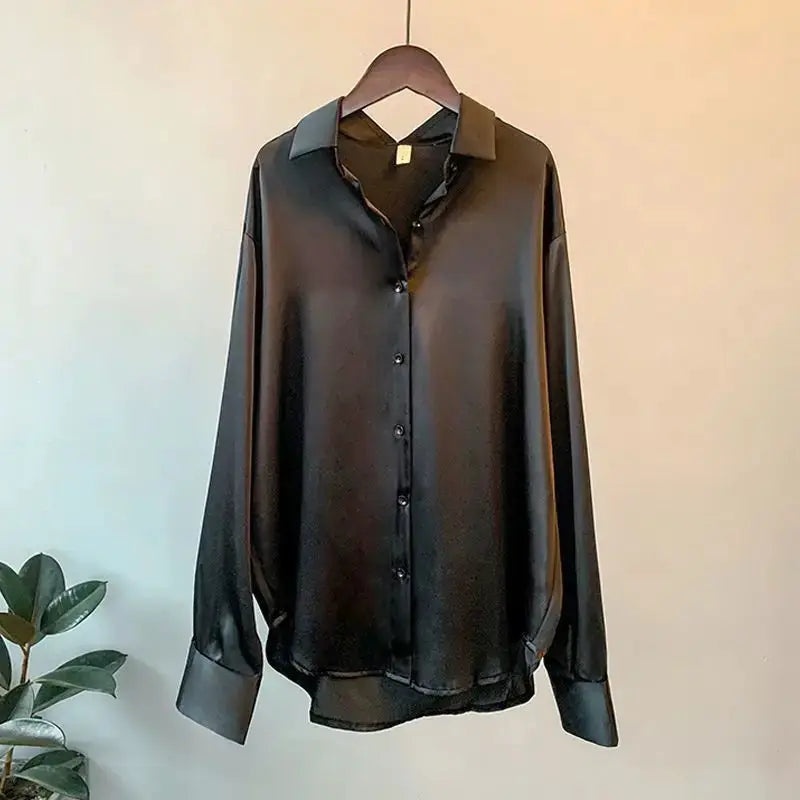 Aurora Couture Satin Blouse For Women All Season Comfort Button Front For Office And Casual Wear