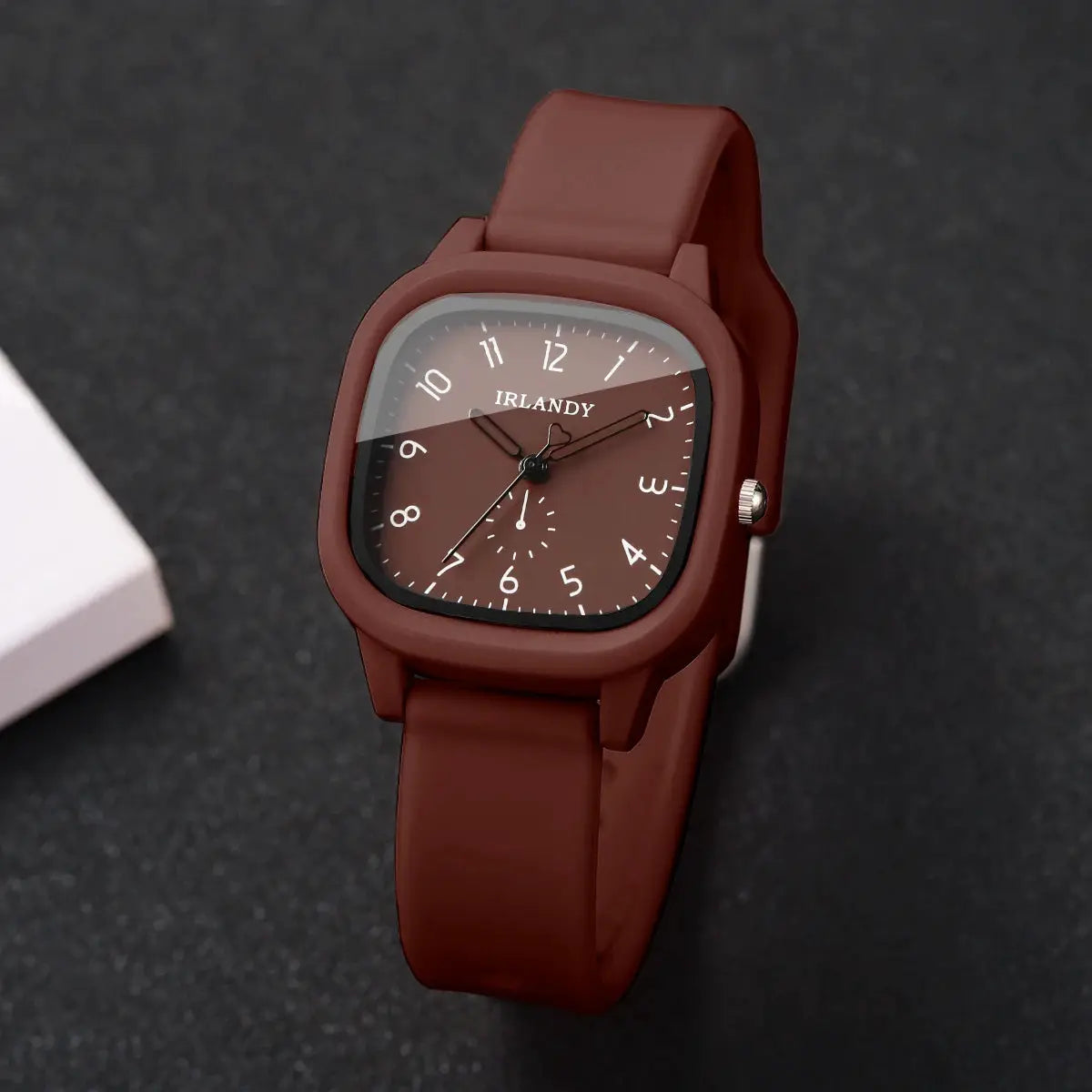 Watch, brown silicone strap, square-faced dial, IRLANDY brand, women's quartz wristwatch