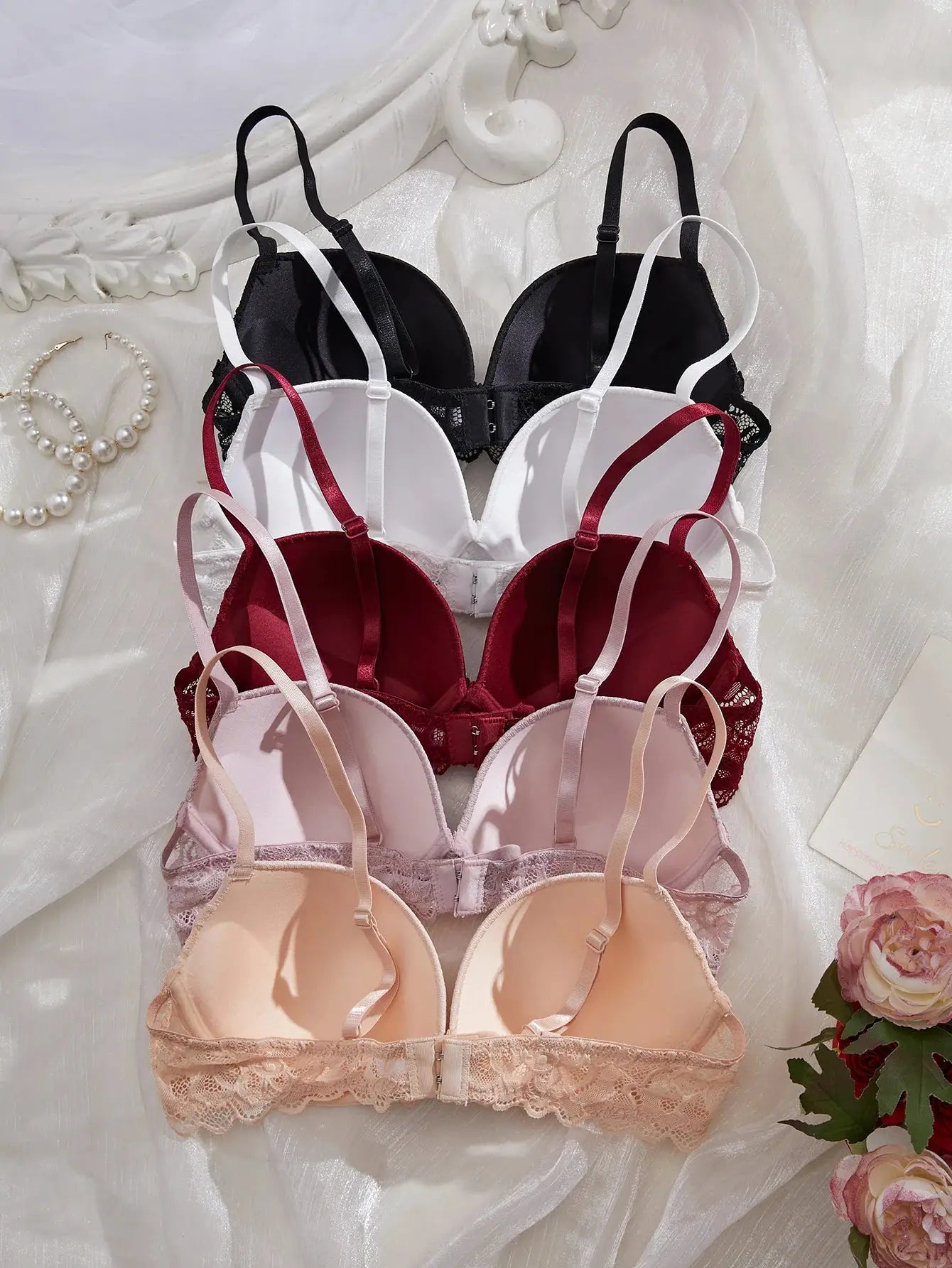 Five-pack Simples Market women's underwire push-up lace bras in black, white, burgundy, pink, and nude