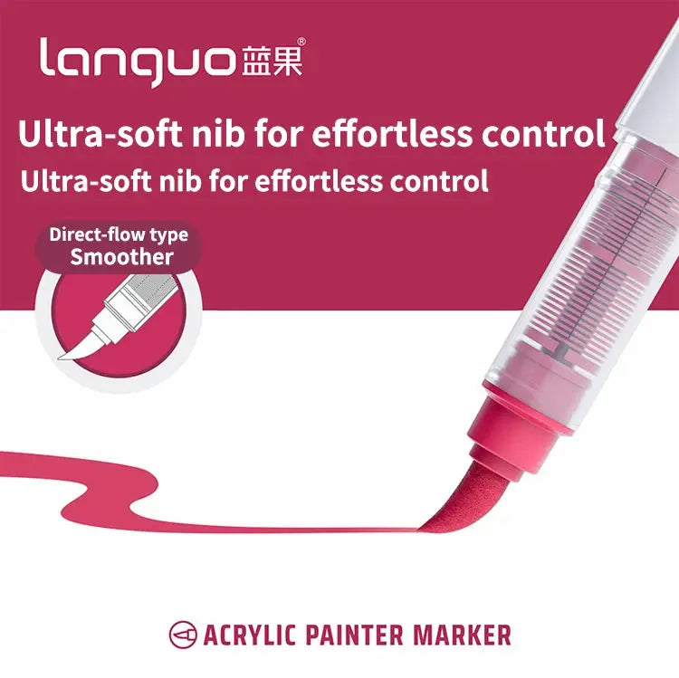 Languo acrylic painter marker set with pink soft brush nib, 9-color assortment for notebooks and graffiti
