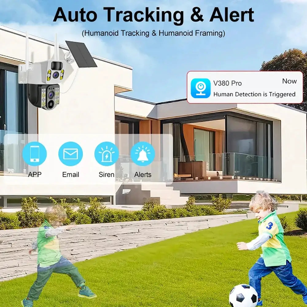 8MP 4K wireless solar outdoor security camera with dual lenses, wall-mounted panel, 4G SIM, WiFi and PIR night vision