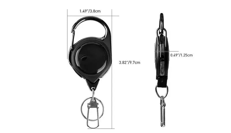 Retractable heavy-duty pull reel with carabiner and key ring; black housing, steel wire rope.