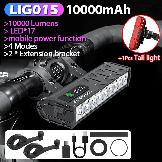 Newboler 10000 Lumen Front Bicycle Light USB Rechargeable Waterproof 10000mAh for MTB and Road Cycling