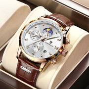 LIGE DESIGN men's luxury wristwatch with brown leather strap, gold-tone case, silver dial with chronograph subdials