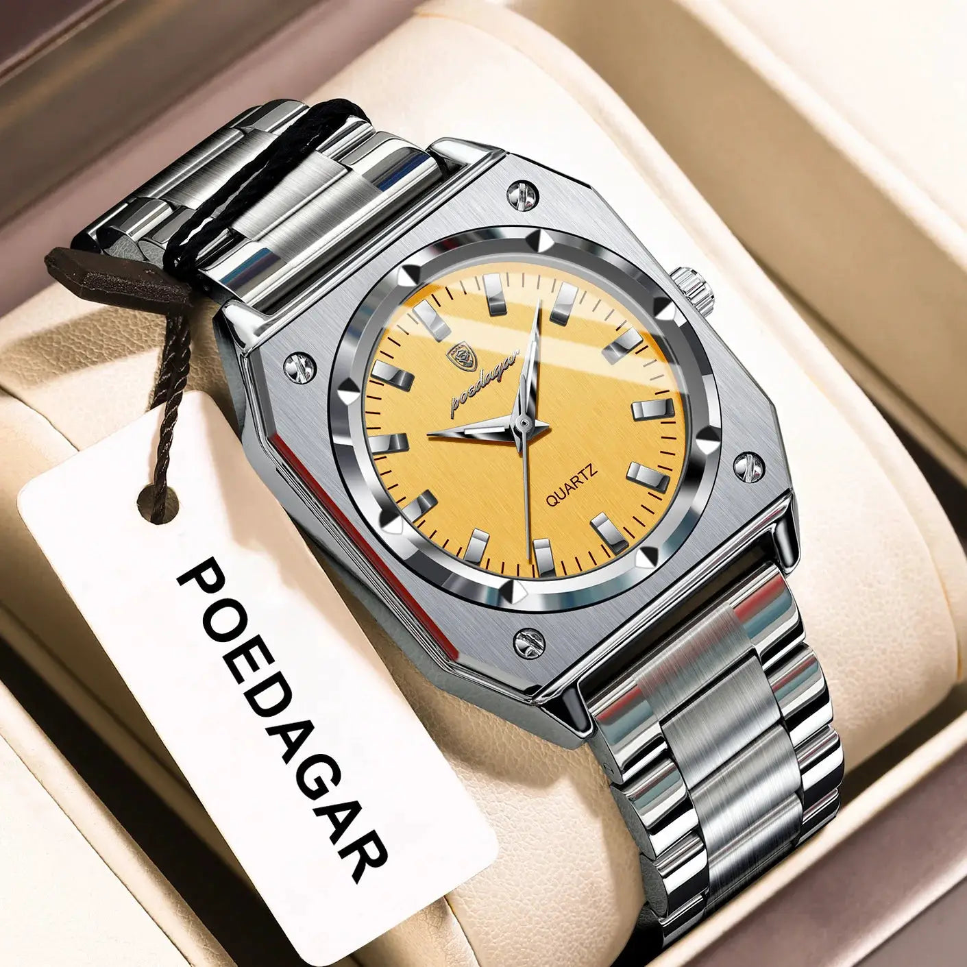 POEDAGAR stainless steel ladies wristwatch with a yellow dial, luminous markers, quartz movement, waterproof