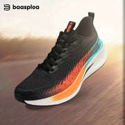 Baasploa men's running shoes by Simples Market with carbon plate, breathable black mesh, orange gradient midsole and teal heel