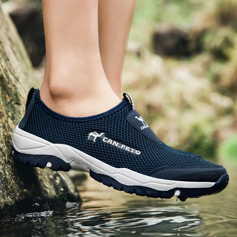 Men's navy mesh outdoor slip-on sneakers with white sole